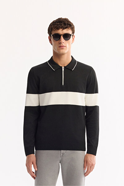 Avva Men's Black Polo Neck Zippered Striped Knitwear Regular Fit Sweater A52Y5090