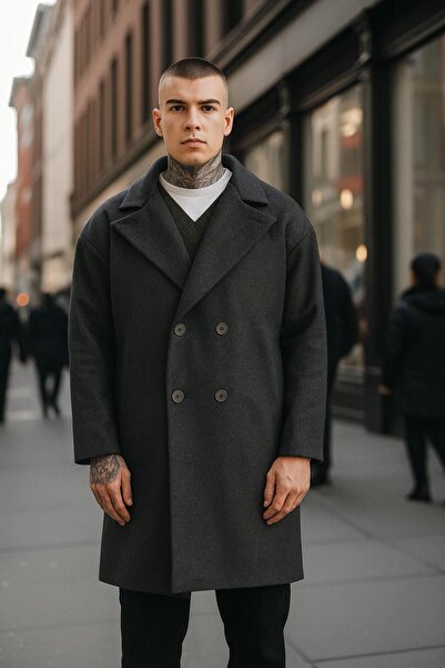 İLKCET MODA Преміум антрацитовий оверсайз чоловічий пальто з ґудзиками