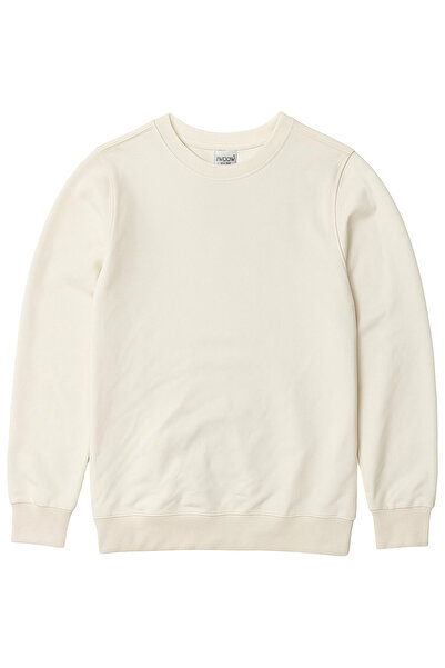 THE WOOW Unisex Basic Uzun Kollu Sıfır Yaka Ekru Sweatshirt