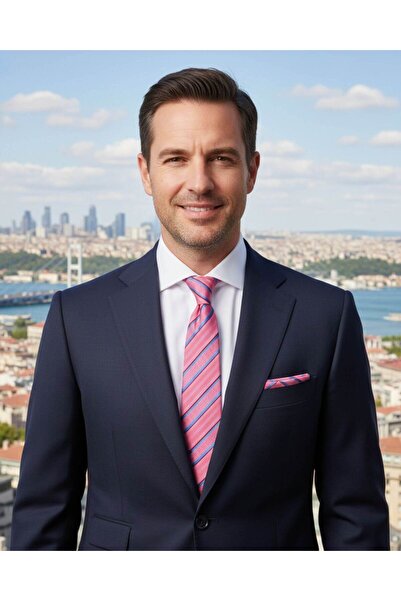 1001 Kravat Mavi Çizgili 8 Cm Genişliğinde Mendilli Pembe Kravat