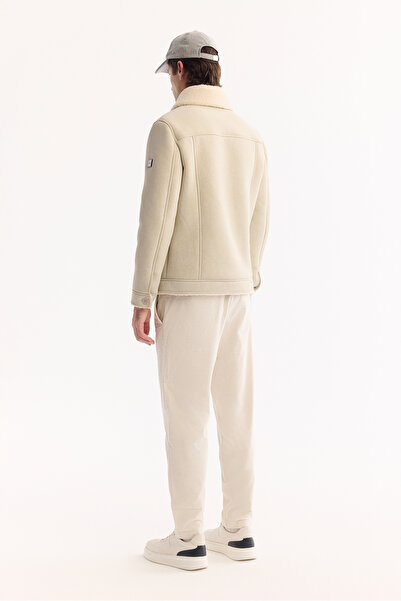 Avva Men's Ecru Fur Collar Napa Comfort Fit Coat A52Y6057