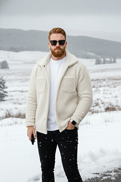 Teenage Millionaire Jachetă pentru bărbați, alb ecru, cu păr de pluș, cu guler, model cu nasturi, cardigan, haină Swea tricou fleece