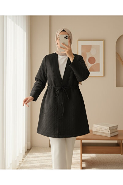 Modamorfo V Yaka Beli Bağcıklı Cepli Düğmeli Kap -Siyah