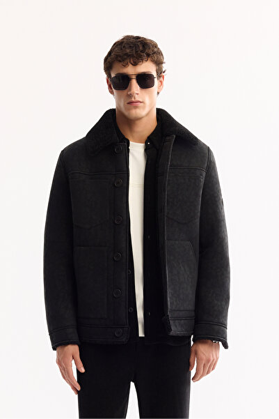 Avva Men's Black Fur Collar Napa Comfort Fit Coat A52Y6057