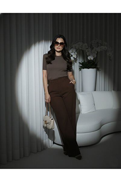 studio fashion 1988 Women's Brown Premium Pleated High Waist Wide Leg Pants with Pockets Palazzo Pants