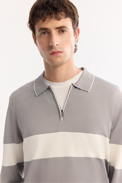 Avva Men's Gray Polo Neck Zippered Striped Knitwear Regular Fit Sweater A52Y5090