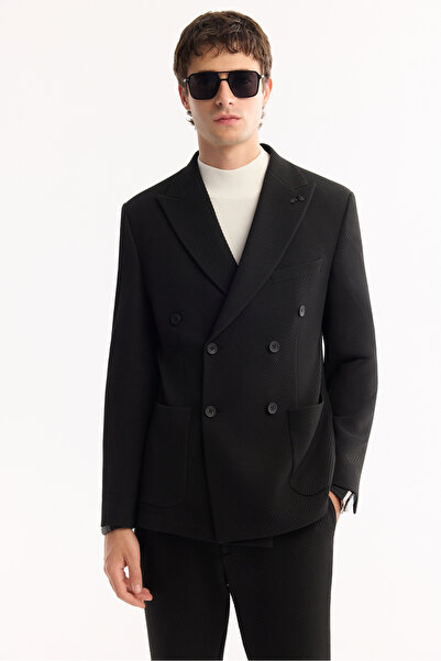 Avva Men's Black Double Breasted Collar Double Slit Unlined Blazer Jacket A52Y4018