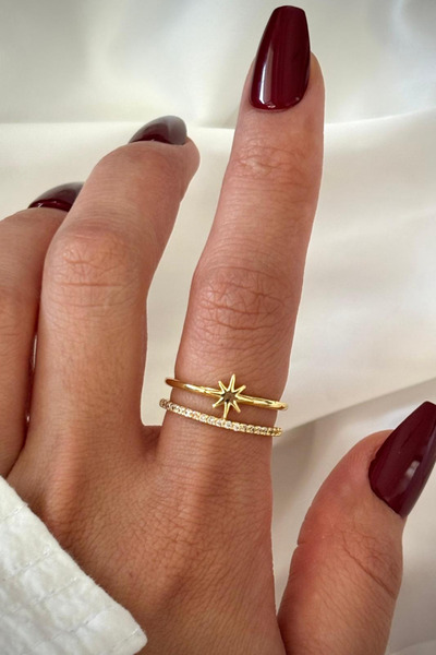 Leo'Stone Özel Tasarım Yıldız Model İkili İnce Yarım Tur Zirkon Taşlı Ayarlanabilir Kadın Yüzük