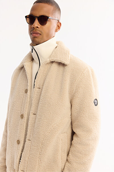 Avva Men's Beige Classic Collar Windproof -4 Degree Resistant Plush Regular Fit Coat A52Y6111