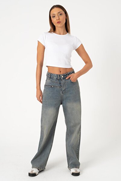 BLAYF بنطلون جينز نسائي فضفاض بجيب واحد