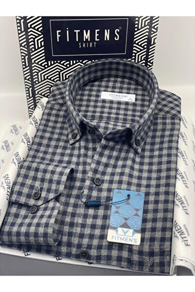 Fitmens Klasik Uzun Kol Kışlık %100 Cotton Kareli Yaka Düğmeli Pamuklu Hediye Kutulu Erkek Gömlek FS-003128