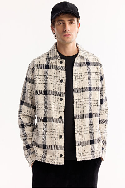 Avva Men's Ecru Classic Collar Soft Touch Plaid Comfort Fit Shirt Jacket A52Y2008