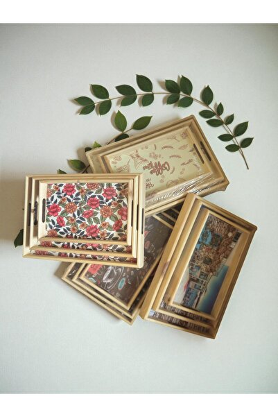 Umut Mixed Pattern Wooden 3-Piece Serving Presentation Tray Tea Coffee Presentation Tray Tea Tray