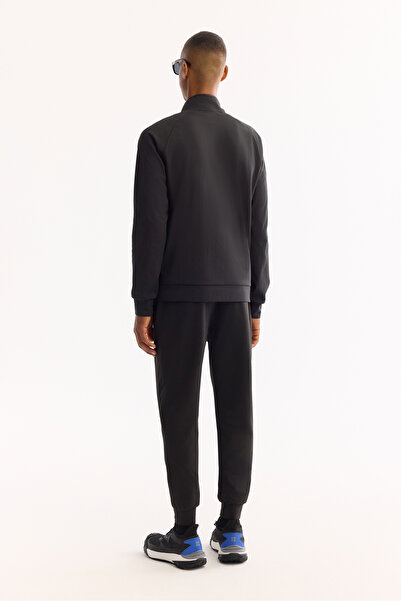 Avva Men's Black Stand Collar Zippered Chest Injection Printed Interlock Technical Fabric Cardigan A52Y1203