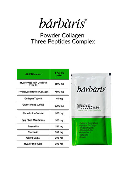 Barbaris Kolajen Powder Three Peptıdes Complex (BALIK-SIĞIR-TAVUK) Tip 1-2-3 Eklem , Kıkırdak ,kemik 30 Şase