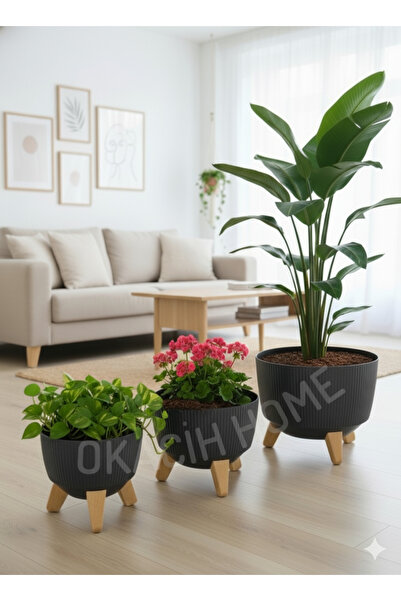 okacih 3'lü Modern Stick Line Bambu Ayaklı Saksı Akıllı Altlıklı 18 Litre