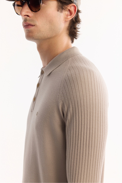 Avva Men's Mink Polo Neck Buttoned Soft Touch Textured Knitwear Regular Fit Sweater A52Y5030