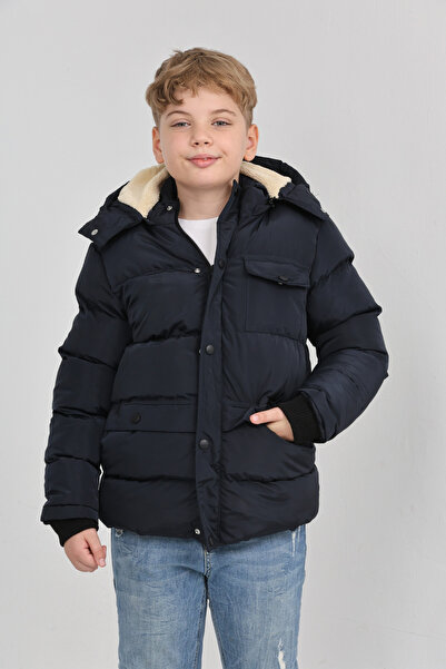 Wild Flower Erkek Çocuk Kışlık Yoğun Elyaf Dolum İç Kısmı Polar Astarlı Kapüşonlu Erkek Mont Kaban