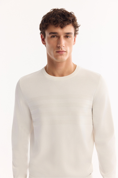 Avva Men's Ecru Crew Neck Front Roba Knit Detailed Rayon Sweater A52Y5015