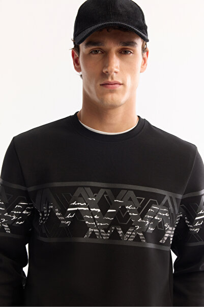 Avva Ανδρικό μπλουζάκι με λαιμόκοψη μαύρο βαμβακερό Bi-Stretch με τύπωμα Regular Fit A52Y1256