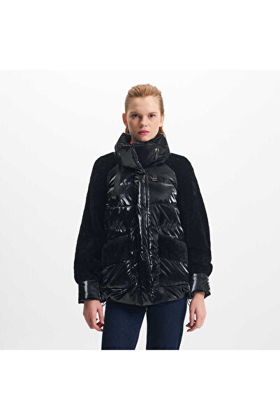 Tergan Siyah Tekstil-Kürk Kadın Deri Mont - K23IKM320365-R8X