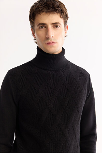 Avva Men's Black Turtleneck Soft Touch Textured Knitwear Regular Fit Sweater A52Y5040