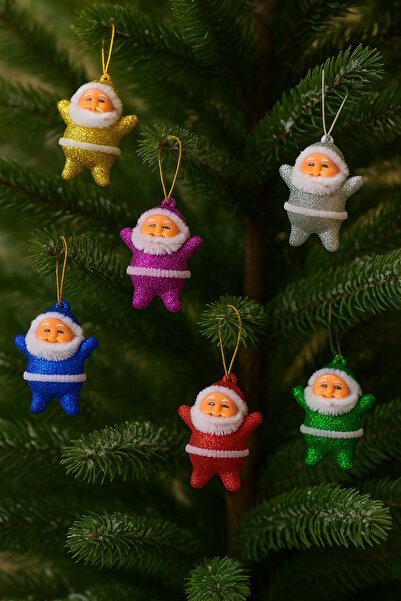 Huzur Party Store Noel Baba Yılbaşı Çam Ağacı Süsü 6'lı 5 Cm Karışık Renk Simli Kıyafetli Beyaz Sakallı Yeni Yıl Süsü