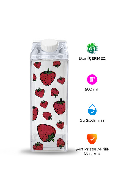 Genel Markalar Mika Süt Şişesi 500 ml | Çilek Desenli, Kapaklı, Kırılmaz, Cam...