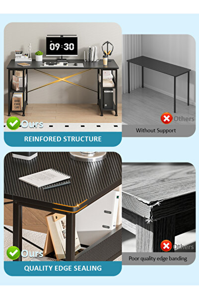 Bangiga 150cm Study Desk with Bookshelves, Carbon Fiber Desktop Gaming Table/Computer Desk, Home Office Desk