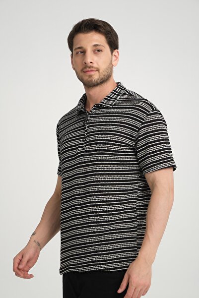 Rocqerx R-5834 Ριγέ πλεκτό T-Shirt - Γιακάς με μισό φερμουάρ