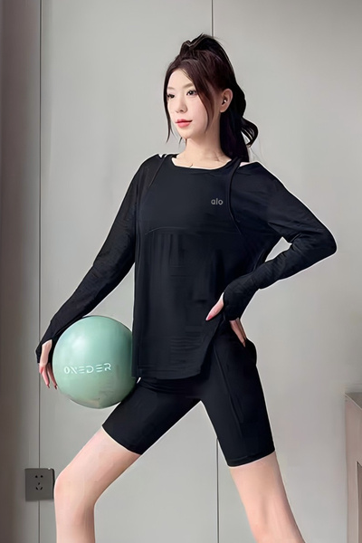 Alo Yoga Round Neck Off Shoulder Exercise Fitness Loose Long Sleeve Top