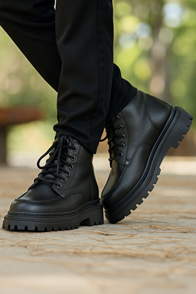 BASOLES Siyah Erkek Bot Kışlık Postal Spor Yüksek Tabanlı Bağcıklı Rahat