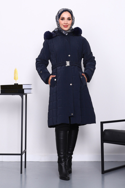 İmajButik Μακρύ πουπουλένιο παλτό με γούνινο καπάκι σε μπλε ναυτικό χρώμα