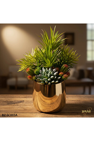 ZETT Aranjament de flori artificiale de cactus suculente cu vază metalică, model mixt de suculente