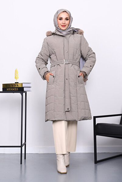 İmajButik Μακρύ πουπουλένιο παλτό με γούνα με κουκούλα βιζόν