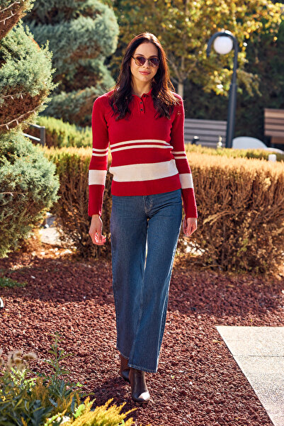 Sementa Polo Yaka Fitilli Triko Kazak - Kırmızı