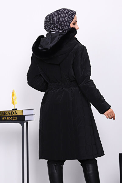 İmajButik Μαύρο μακρύ πουπουλένιο παλτό με γούνα κουκούλα