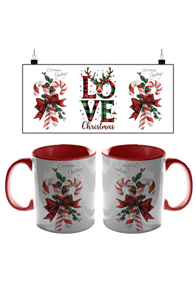 PRİNTOPİA DESİGN Christmas Gift Red & White Ceramic Mug with Deer and Candy Cane Motifs