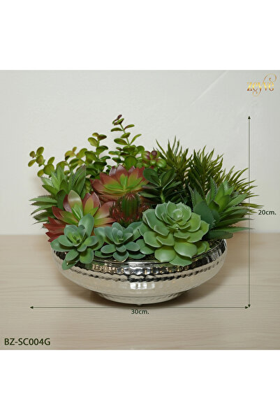 ZETT Yapay Çiçek Kaktüs Sukulent Aranjmanı Basık Metal Vazolu Karışık Model Sukulent
