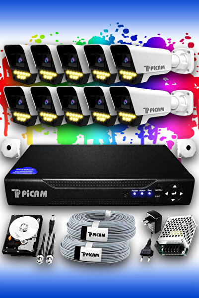 Picam 10 Kameralı Süper 10 Dış Kamera Set 2 TB 5 MP 2K Renkli Gece Görüşlü Gü...