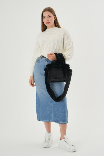 MUTE BAG Soft Fluffy Bag / Black Uzun Saplı Peluş Çanta / Cross Body En : 24 Boy : 18