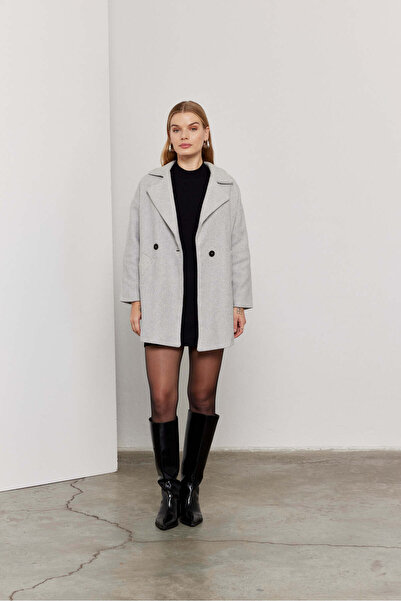 SevdeUgur Women's Gray Herringbone Oversized Lined Short Cashmere Coat Sevde Ugur