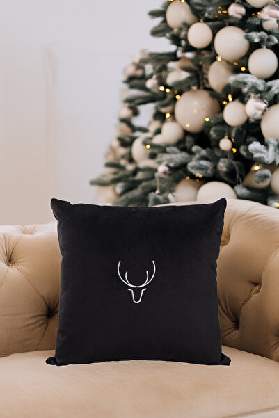 ASDİVA Christmas Themed White Deer Embroidery Detailed Decorative Throw Pillow Cover - Black