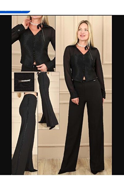 Perzoni D3653 KORSE DETAYLI KOLLARI TÜL PANTOLON YAN ŞERİTLİ TAKIM - SİYAH - 42