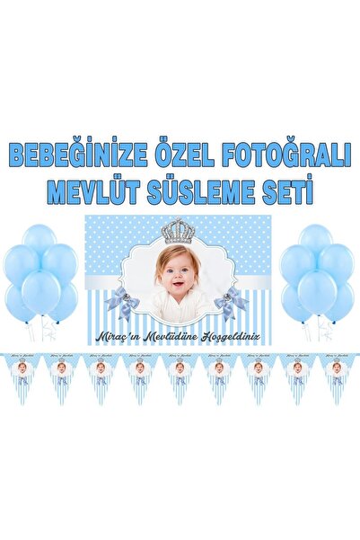 Sunligo Bebek Mevlidi Süsleme Seti Fotoğraflı Afiş, Flama, Balon