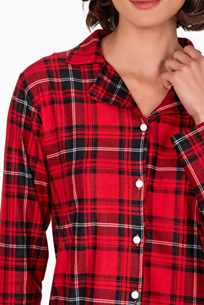 Kompedan Kadın Süet Önden Düğmeli Pijama Takımı | Ekose Kırmızı