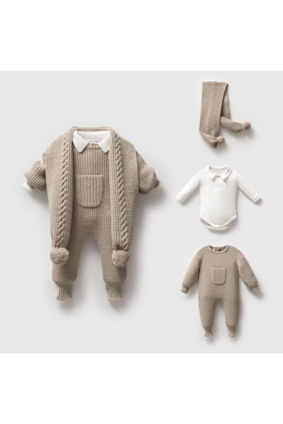 Nipperland 8276N Bebek Atkılı Selanik Düğmeli Kapüşonlu Triko Naturel Yün Tulum