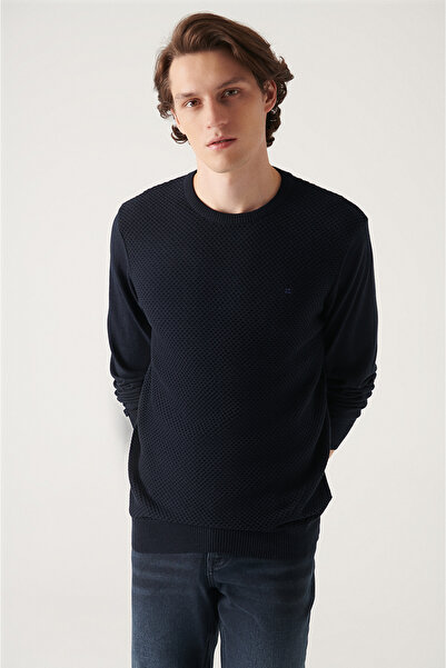 Avva Men's Navy Blue Crew Neck Cotton Knitwear Sweater E 005105