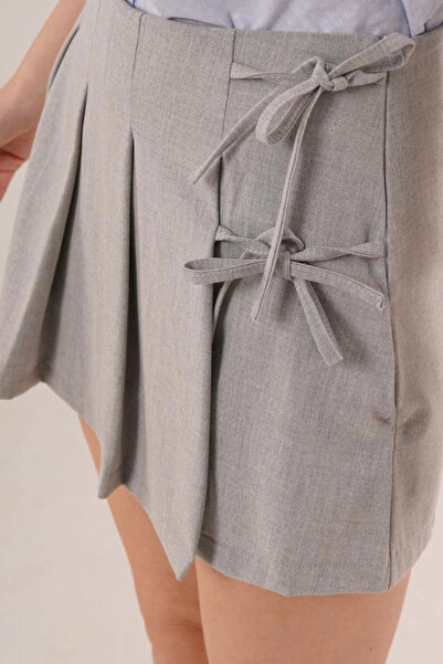 etol textile Gray Mini Short Skirt with Pleated Front and Side Tie Detail