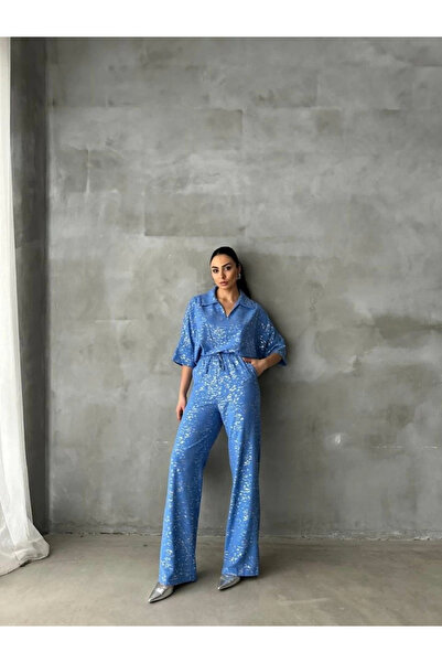 Asil Acar Home Varakli Blue Shirt Pants Set Blue